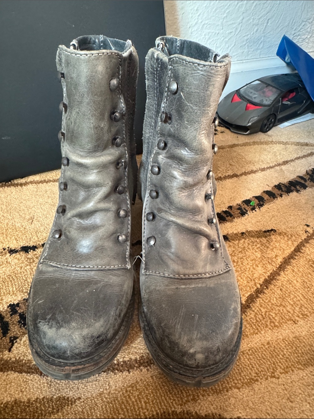 Women's Gray Lace-Up Ankle Boots with Stud Button Detailing